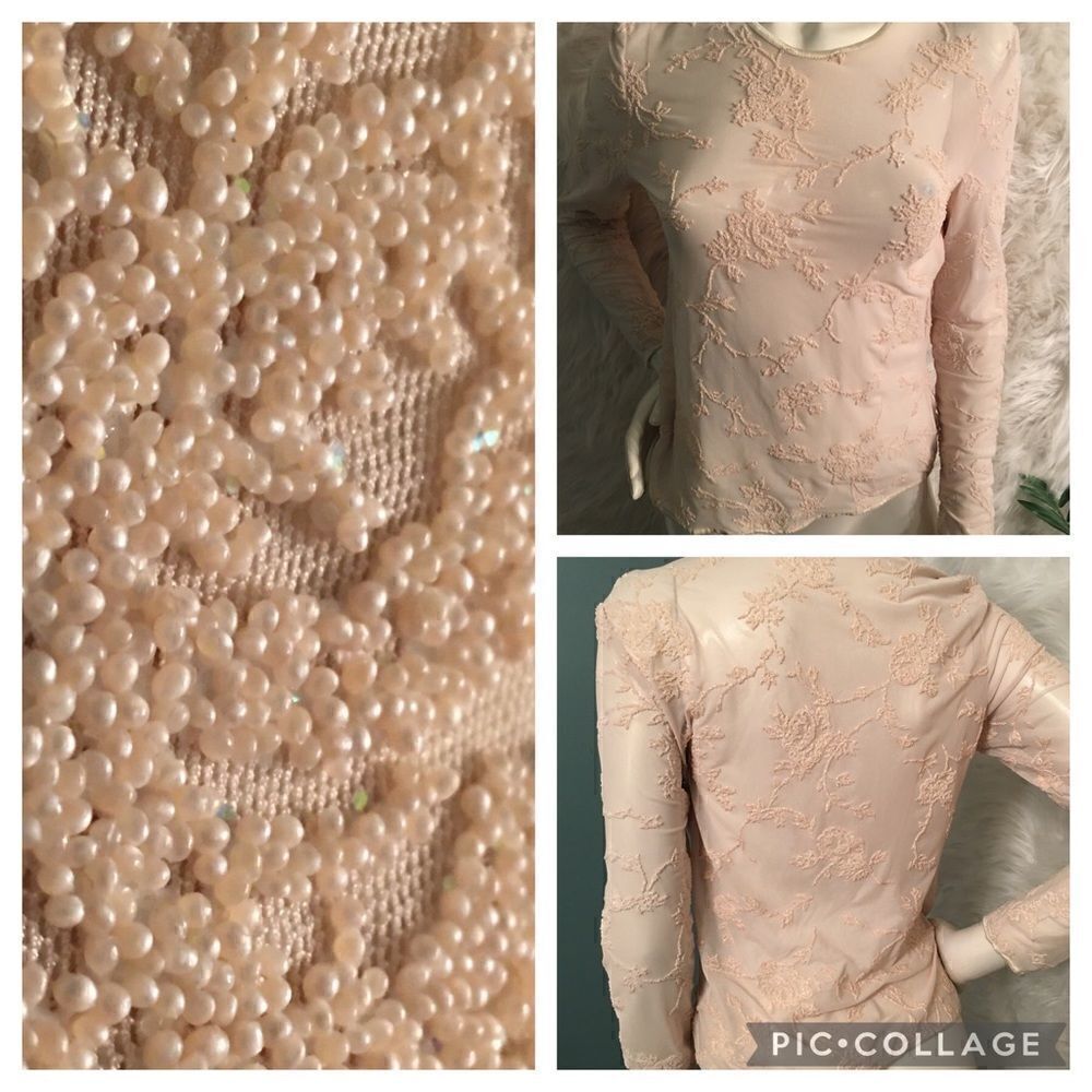 RARE RENFREW SCOTLAND BEADED PEARL SHIMMER SHEER TOP‎